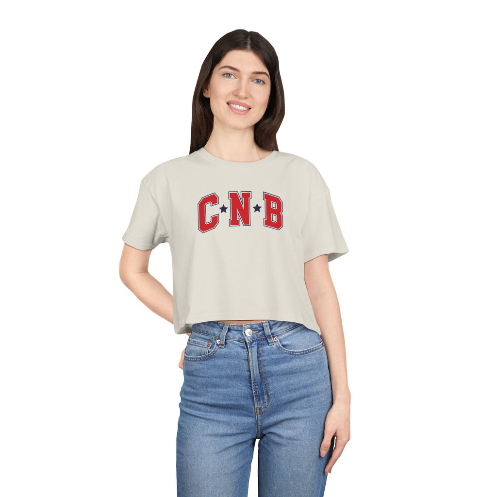 Crop Tee - C N B Varsity Letters Crop Top, Collegiate Casual